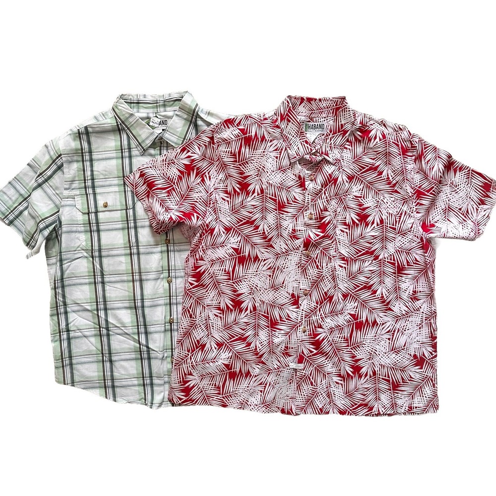 Lot Of 2 HABAND Mens XL Short Sleeve Button Down Shirts Tropical / Plaid Design
